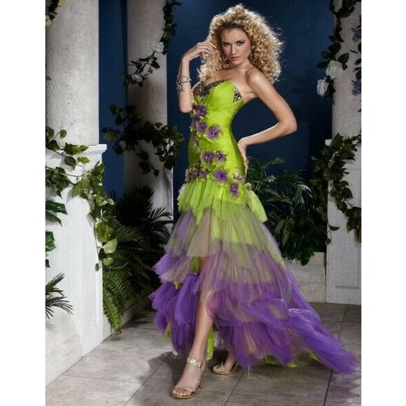 Panoply Ruffle Layered Prom Grad Dress 14400 Lime/Purple - Picture 1 of 6